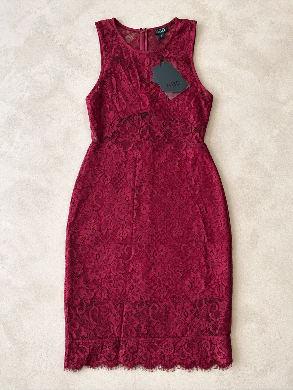 NBD Women’s Wine Red Floral Lace Sheath Cocktail Midi Dress Size S NWT